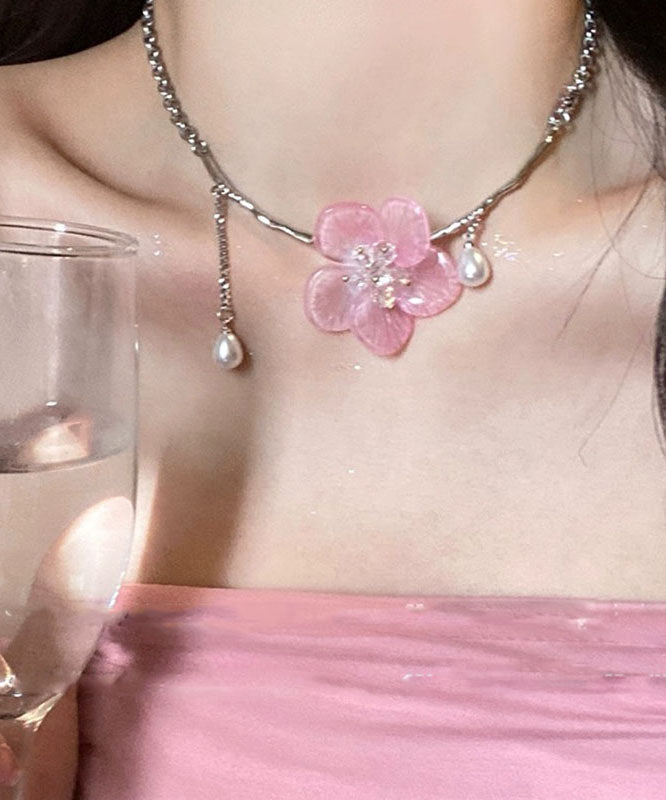 Collier pendentif à pompon floral en acier inoxydable rose rétro mignon avec perles - Amawinc