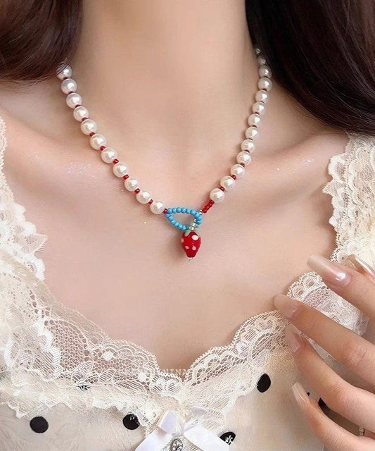 Joli collier princesse en alliage blanc avec perles et fraises - Amawinc