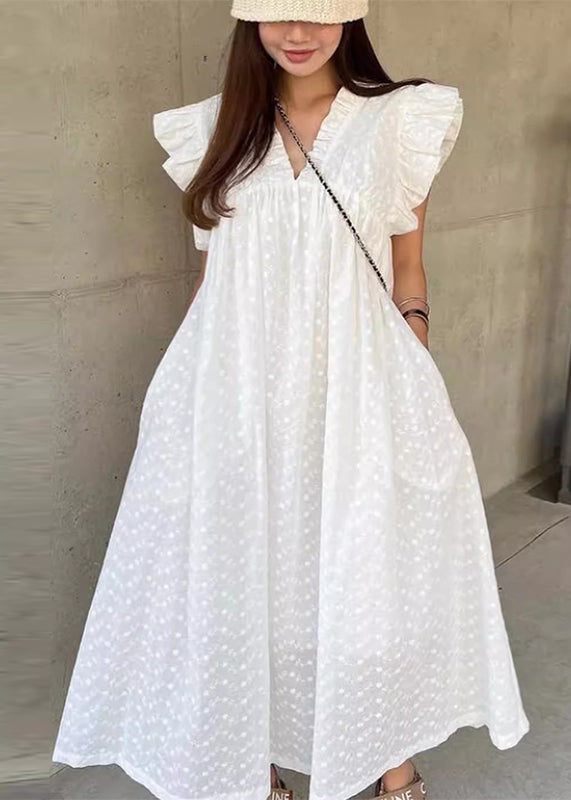 Jolie robe de vacances en coton à volants et pois blancs sans manches - Amawinc