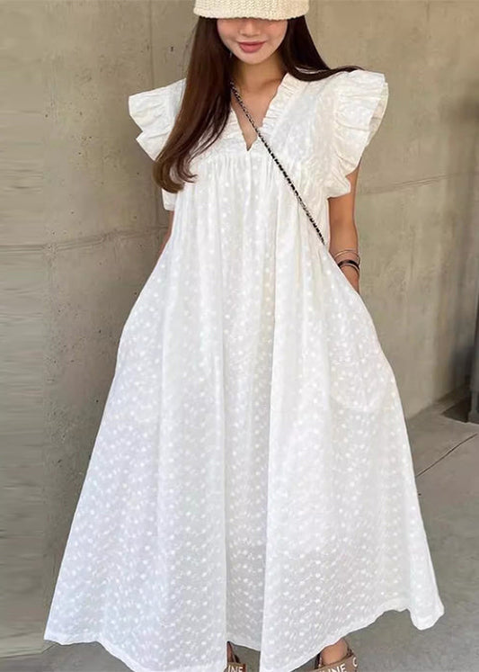 Jolie robe de vacances en coton à volants et pois blancs sans manches - Amawinc