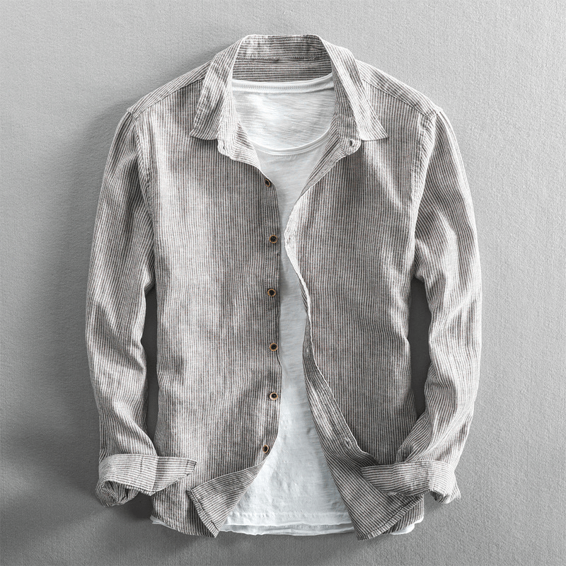 Chemise Homme Respirante En Coton Lin Rayée Avec Fermeture Bouton Manche Longue Coupe Regular