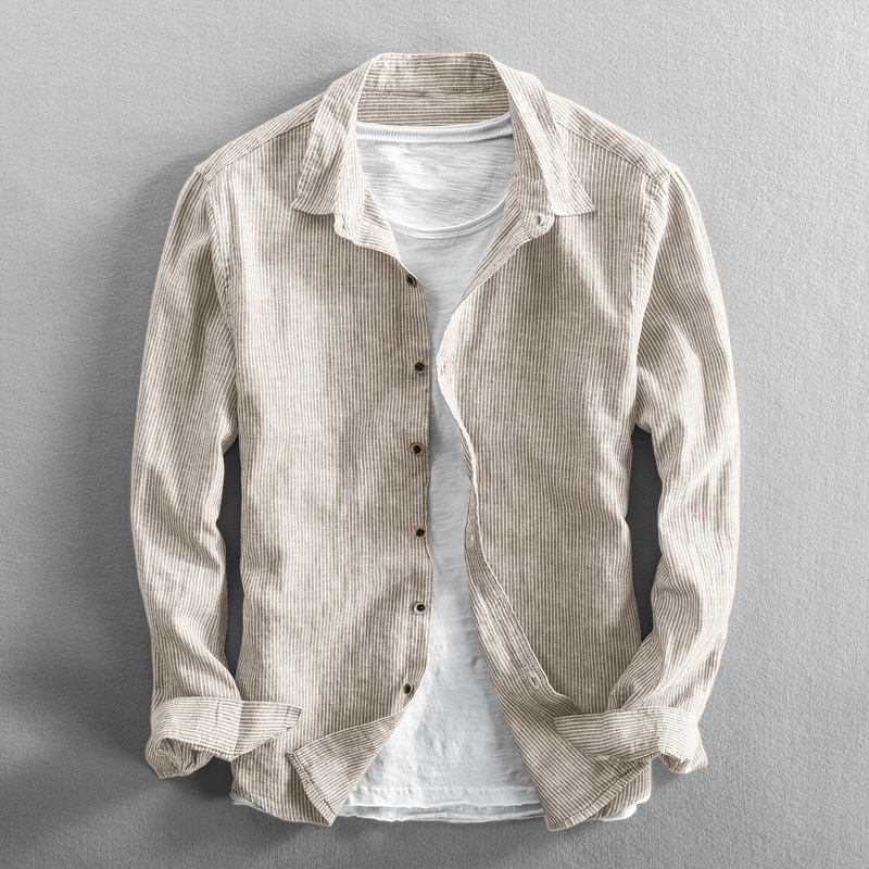 Chemise Homme Respirante En Coton Lin Rayée Avec Fermeture Bouton Manche Longue Coupe Regular