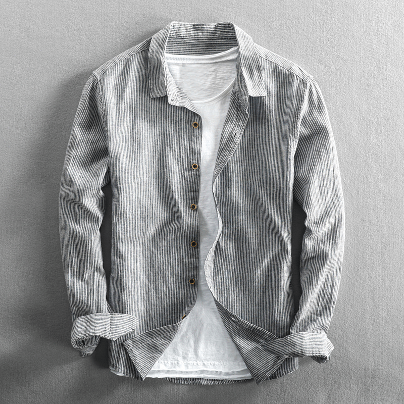 Chemise Homme Respirante En Coton Lin Rayée Avec Fermeture Bouton Manche Longue Coupe Regular