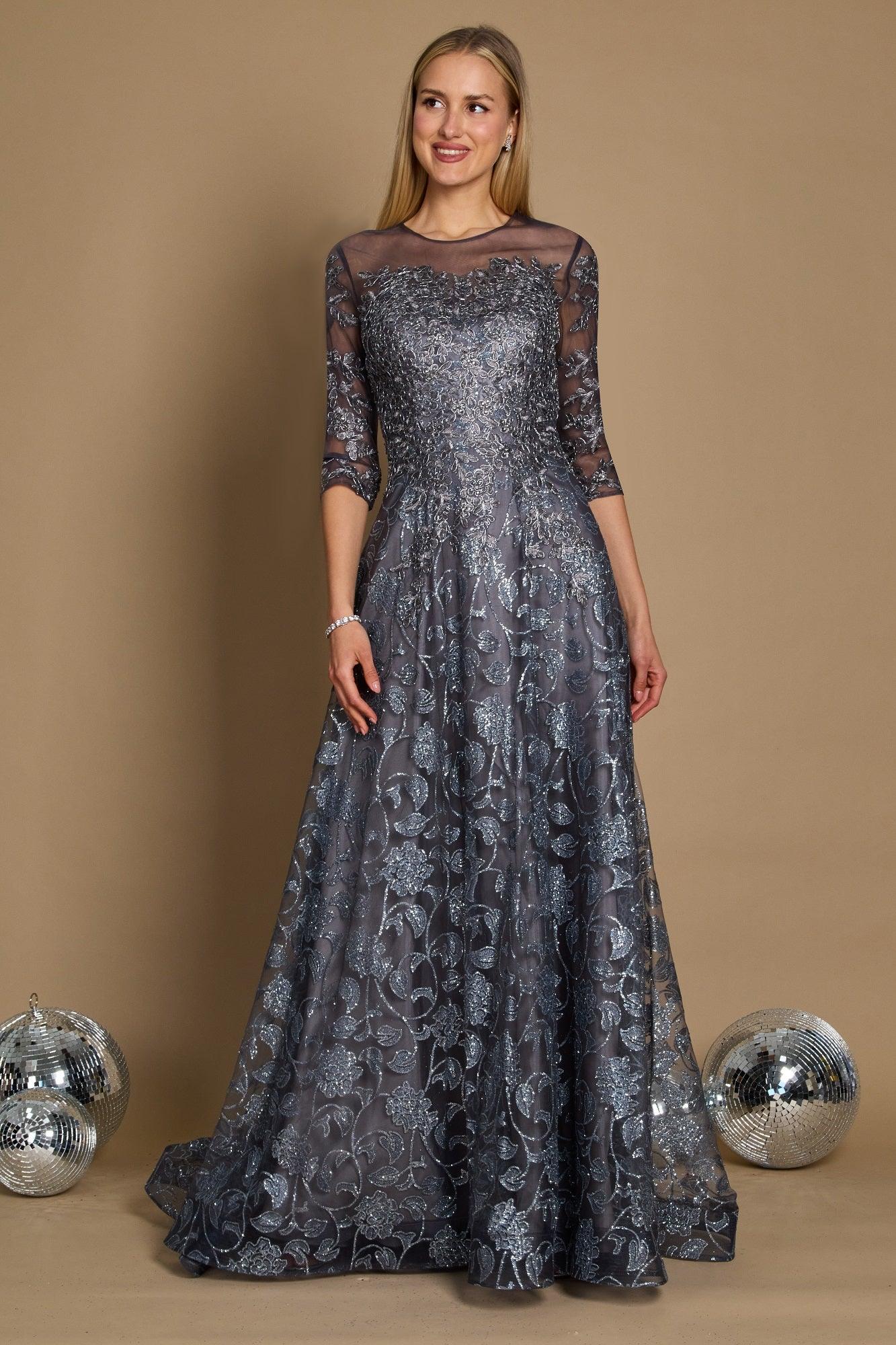 Robe Longue de Soirée en Dentelle pour Mère de la Mariée avec Silhouette Ligne A Encolure Ronde Manches Trois Quarts