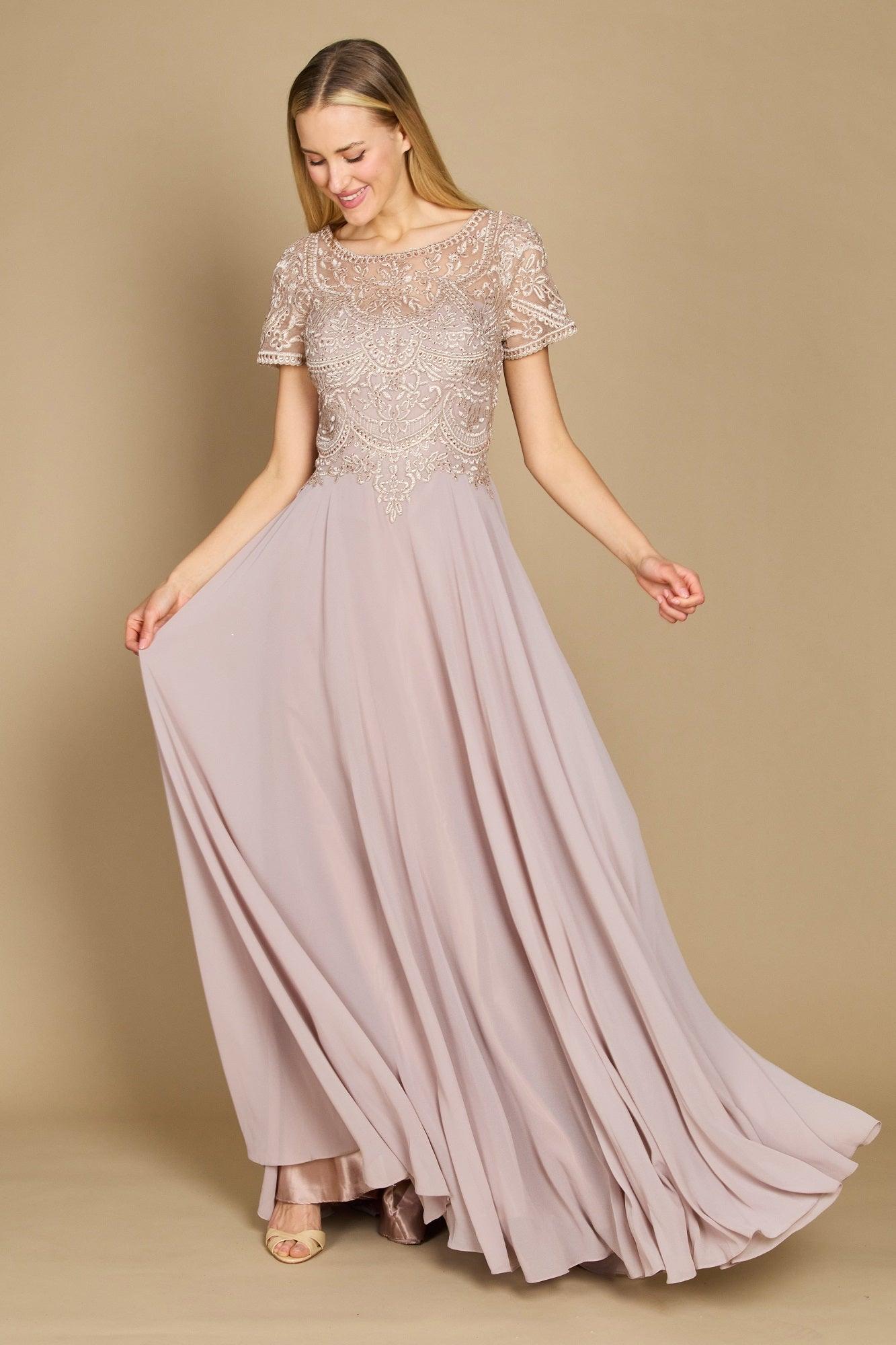 Robe Chic Pour Mère De Mariée En Chiffon À Manches Courtes Avec Décolleté Rond Corsage Brodé De Diamants Étincelants