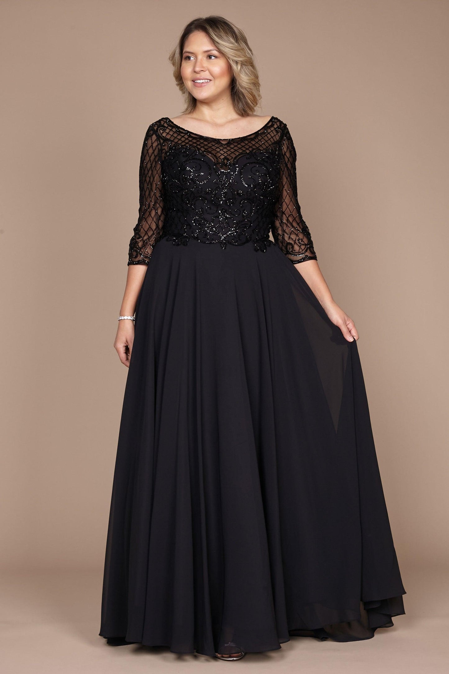 Robe Longue À Manches Longues Pour Mère De La Mariée Corsage Brodé À La Main Et Jupe En Chiffon