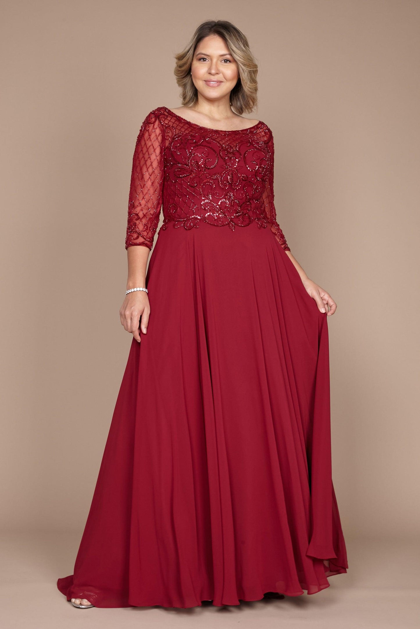 Robe Longue À Manches Longues Pour Mère De La Mariée Corsage Brodé À La Main Et Jupe En Chiffon