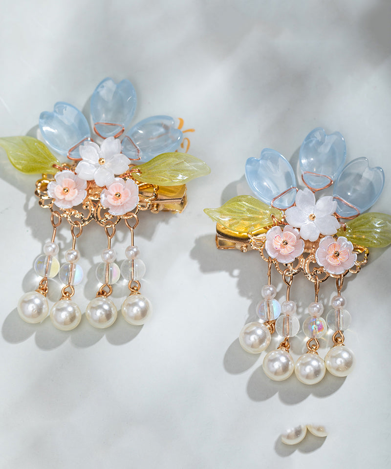 Paire d'épingles à cheveux à pompon floral en alliage de cuivre et perles colorées pour filles - Amawinc