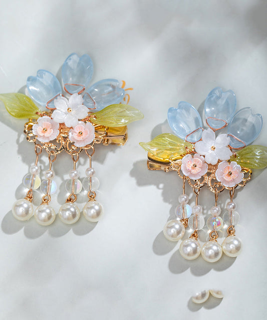 Paire d'épingles à cheveux à pompon floral en alliage de cuivre et perles colorées pour filles - Amawinc