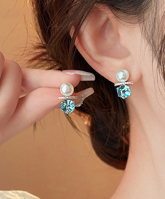 Boucles d'oreilles à tige en alliage de cuivre bleu lac avec perles de zircon - Amawinc