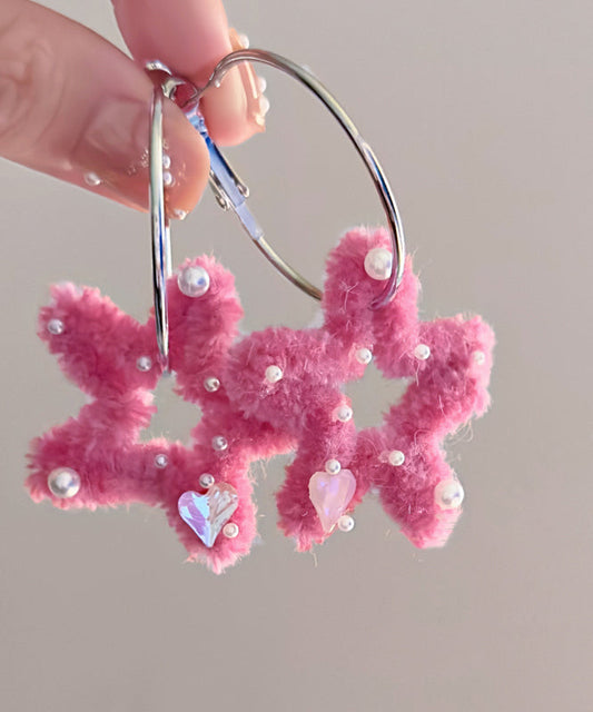 Boucles d'oreilles créoles en acier inoxydable rose à cinq branches en fourrure duveteuse - Amawinc