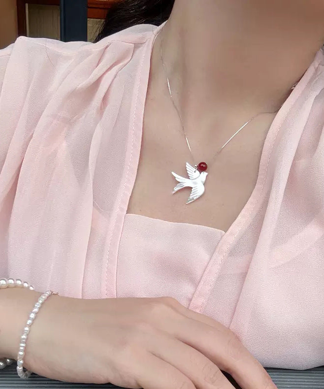 Collier pendentif jeune hirondelle en argent sterling et soie, coquillage d'agate, à faire soi-même - Amawinc