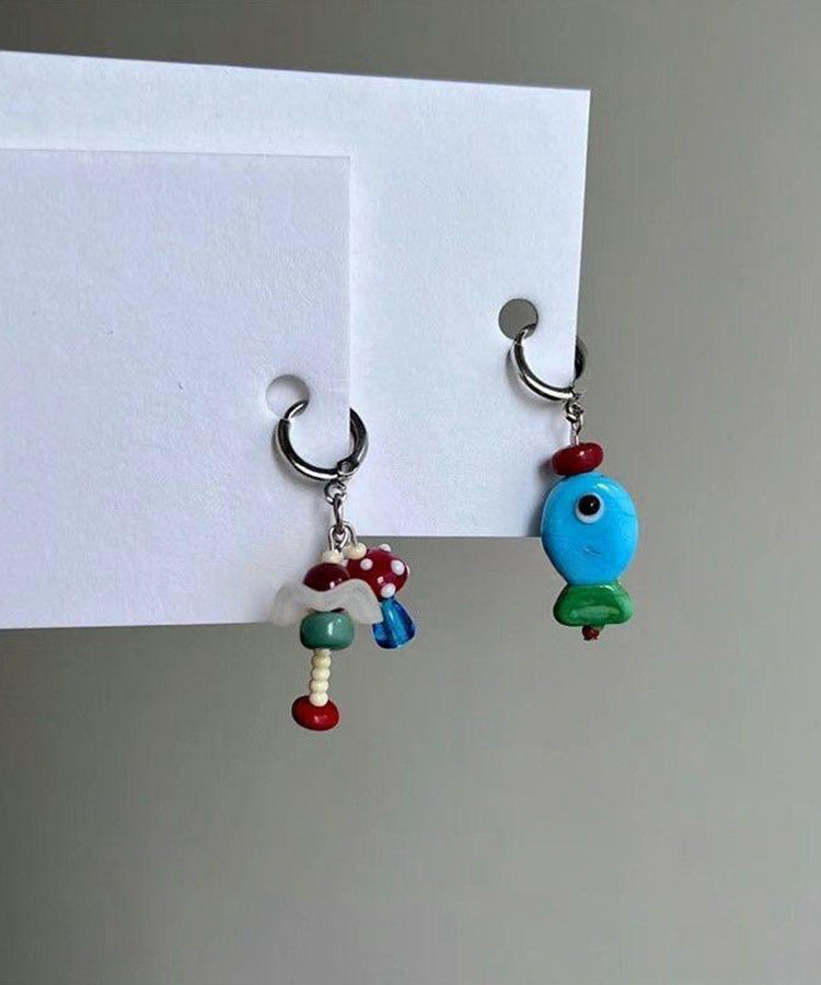 Boucles d'oreilles pendantes asymétriques en acier inoxydable, petits poissons et champignons - Amawinc