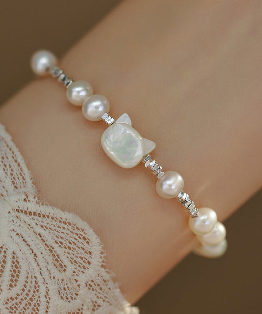 Bracelet en argent sterling blanc avec perles et petits chats écrasés - Amawinc