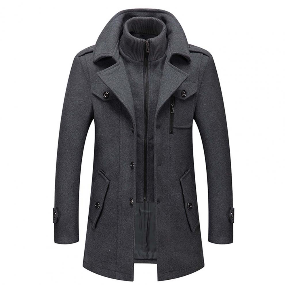 Manteau Homme En Mélange De Laine Avec Couche Côtelée Intégrée Col Haut Double Boutonnage Hiver