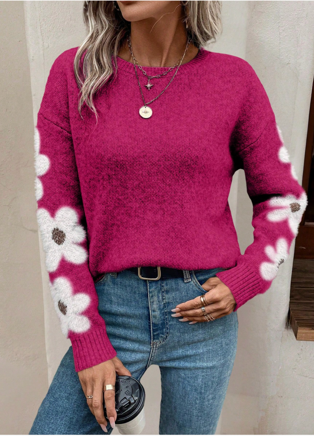 Pull En Maille Moyenne Poids Avec Motifs Marguerites Sur Manches Et Col Côtelé, Coupe Décontractée