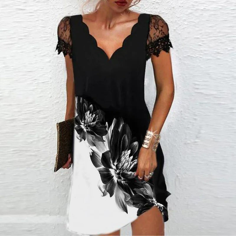 Amawinc Robe Mini Femme Col V Scallopé Bordures Scallopées Manches Courtes Pour Brunch Et Soirée