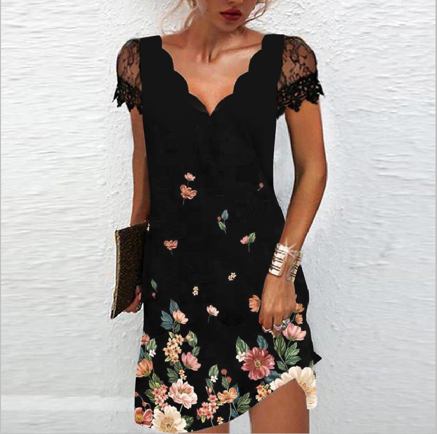 Amawinc Robe Mini Femme Col V Scallopé Bordures Scallopées Manches Courtes Pour Brunch Et Soirée