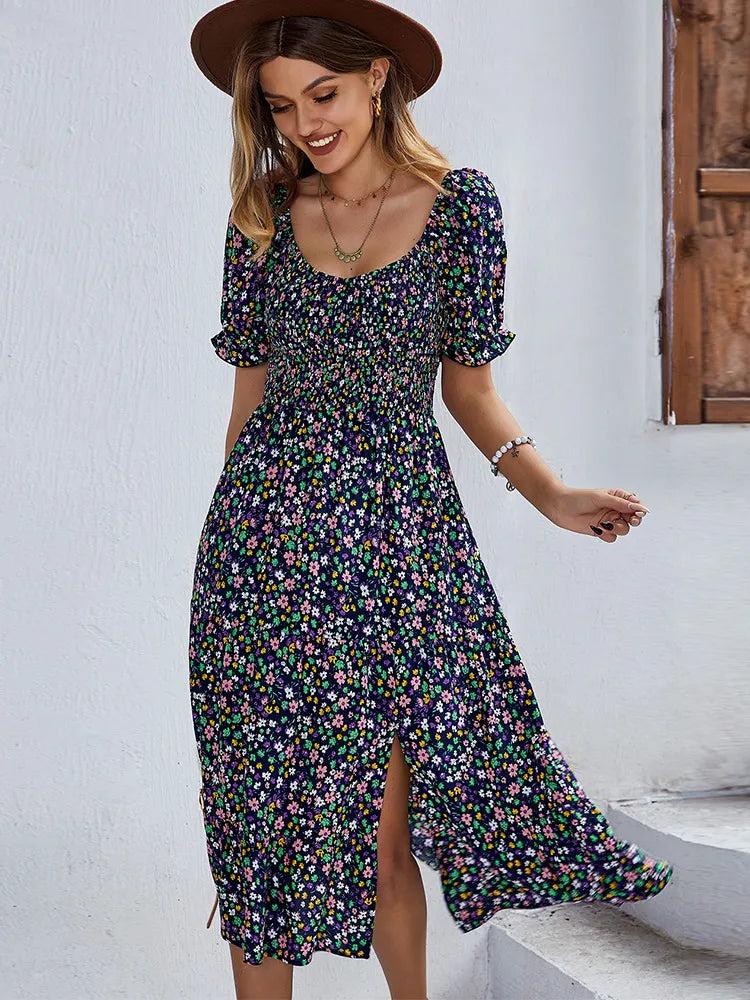 Robe Femme Midi Amawinc Imprimé Floral Manches Bouffantes Courtes Et Coupe A Ligne