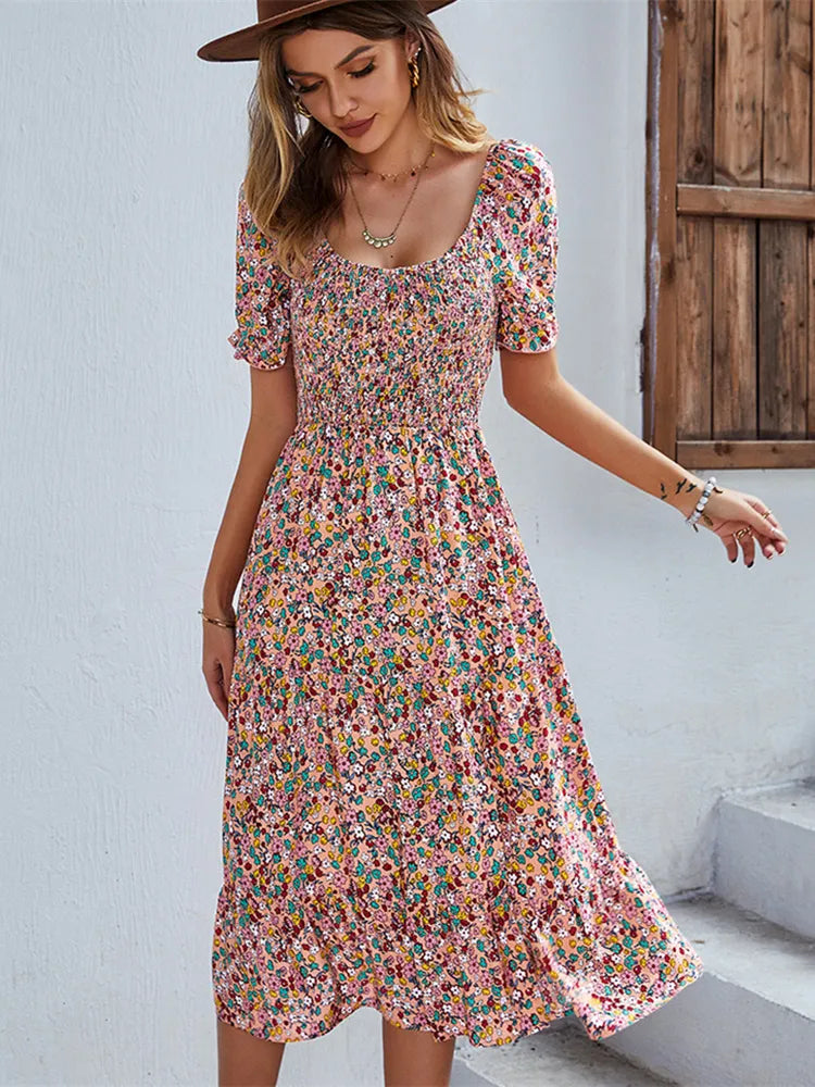 Robe Femme Midi Amawinc Imprimé Floral Manches Bouffantes Courtes Et Coupe A Ligne