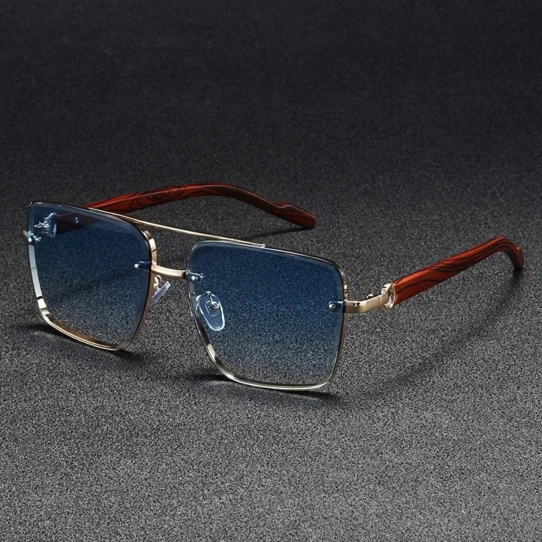 Lunettes de Soleil Carrées Damon Square Monture Or Poli et Branches Bois Vintage Rétro Chic