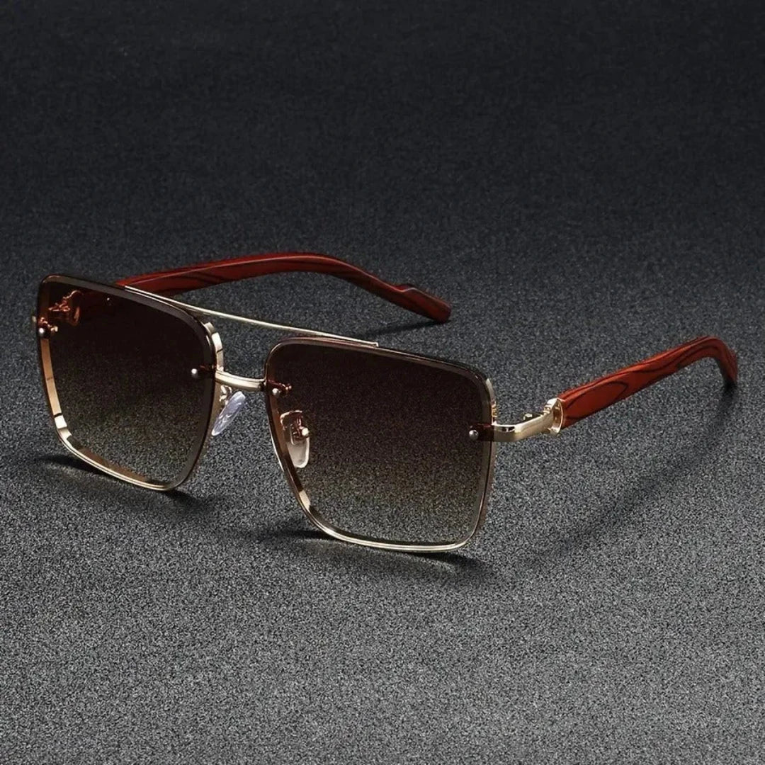 Lunettes de Soleil Carrées Damon Square Monture Or Poli et Branches Bois Vintage Rétro Chic