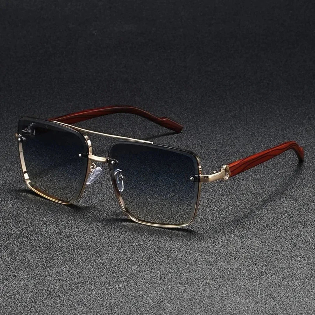 Lunettes de Soleil Carrées Damon Square Monture Or Poli et Branches Bois Vintage Rétro Chic