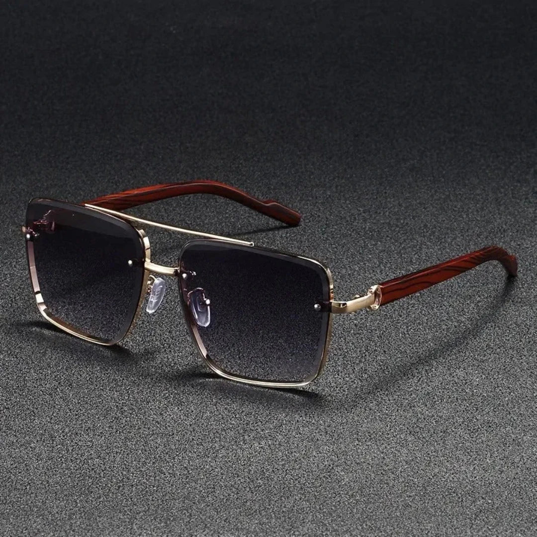 Lunettes de Soleil Carrées Damon Square Monture Or Poli et Branches Bois Vintage Rétro Chic