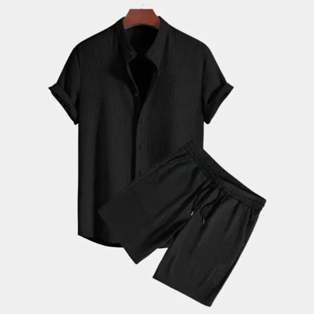 Ensemble Dante Texturé Deux Pièces Pour Homme Avec Chemise À Manches Courtes Et Shorts À Cordon Tissu Respirant Amawinc