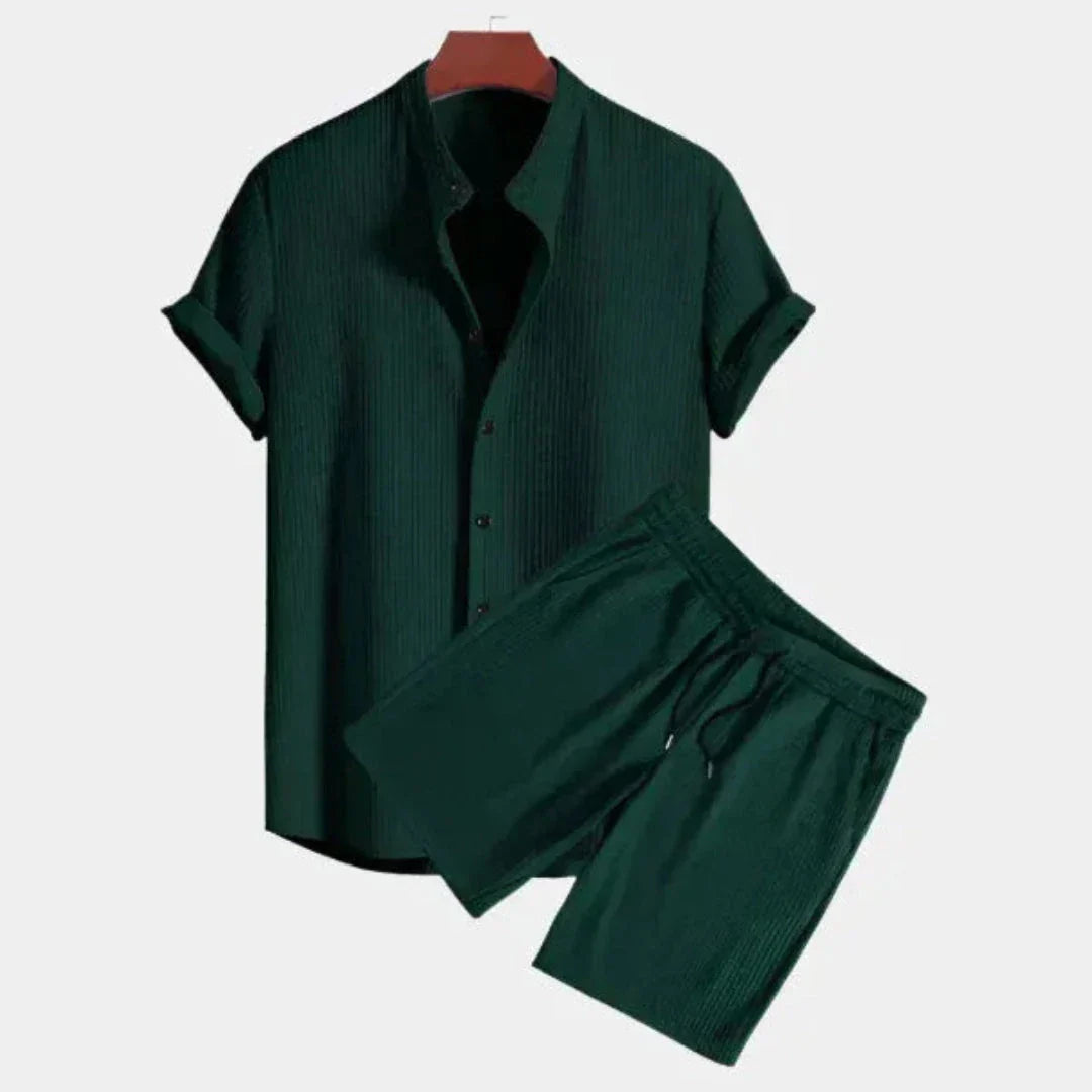 Ensemble Dante Texturé Deux Pièces Pour Homme Avec Chemise À Manches Courtes Et Shorts À Cordon Tissu Respirant Amawinc