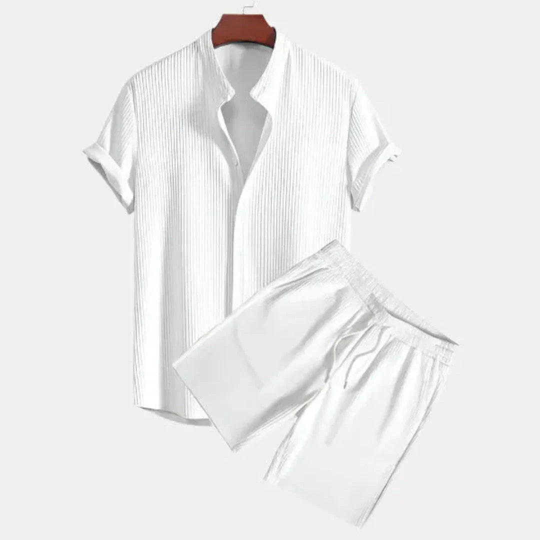 Ensemble Dante Texturé Deux Pièces Pour Homme Avec Chemise À Manches Courtes Et Shorts À Cordon Tissu Respirant Amawinc
