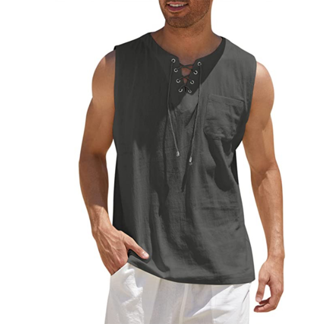 Chemise Sans Manches Homme En Coton Mélangé Avec Laçage Devant Et Poche Poitrine Décontractée Pour Été