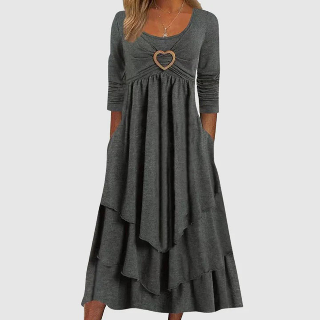 Robe Maxi Femme À Couches Avec Encolure En Cœur Et Manches Trois Quarts Coupe Décontractée