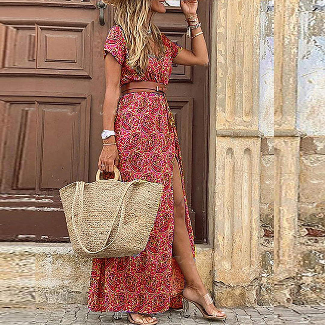 Robe Maxi Pour Femme Motif Paisley Col V Manches Courtes Look Bohème Confort Élégance