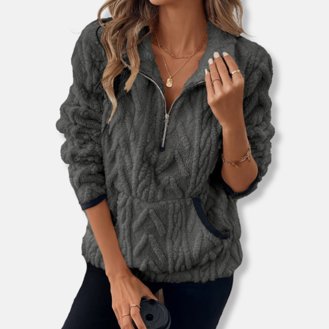 Pull Femme Col Montant Polaire Demi Zip Poche Kangourou Doux Et Confortable Pour Tous Les Jours