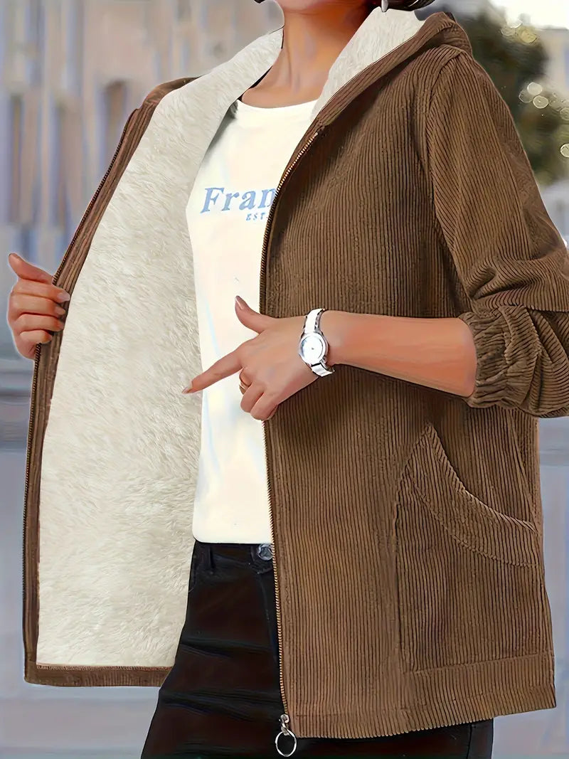 Oversized Solid Hooded Zip-Up Jacket, Casual Warm