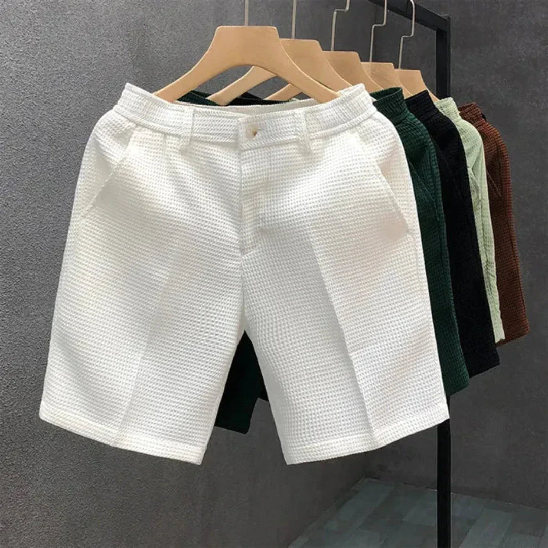 Shorts Homme en Coton Texturé Couleur Unie Passants Ceinture et Fermeture Bouton Décontractés Été Respirants