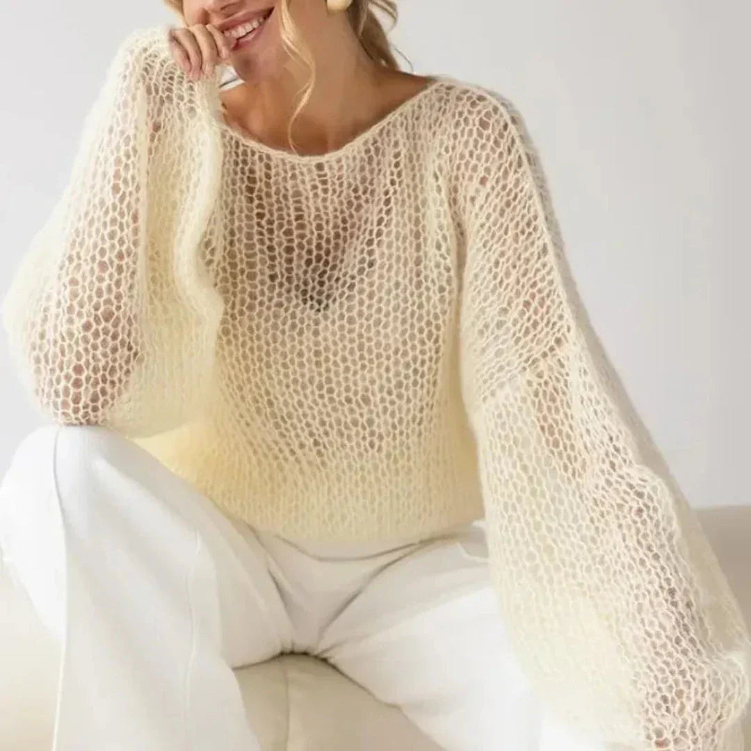 Pull En Mohair Mélangé À Maille Filet Avec Manches Lanternes Amawinc Élégance Aérienne