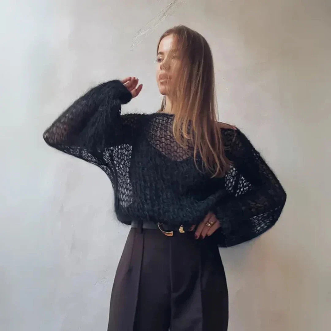 Pull En Mohair Mélangé À Maille Filet Avec Manches Lanternes Amawinc Élégance Aérienne