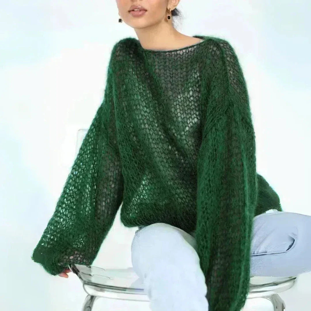Pull En Mohair Mélangé À Maille Filet Avec Manches Lanternes Amawinc Élégance Aérienne