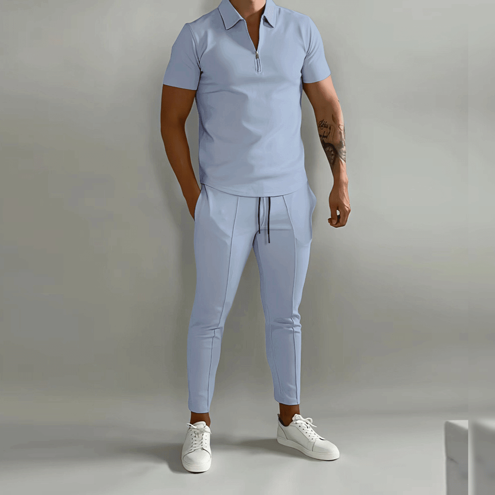 Ensemble Deux Pièces Paul Pour Homme Bleu Marine Polo Zip À Manches Courtes Pantalon Cintré