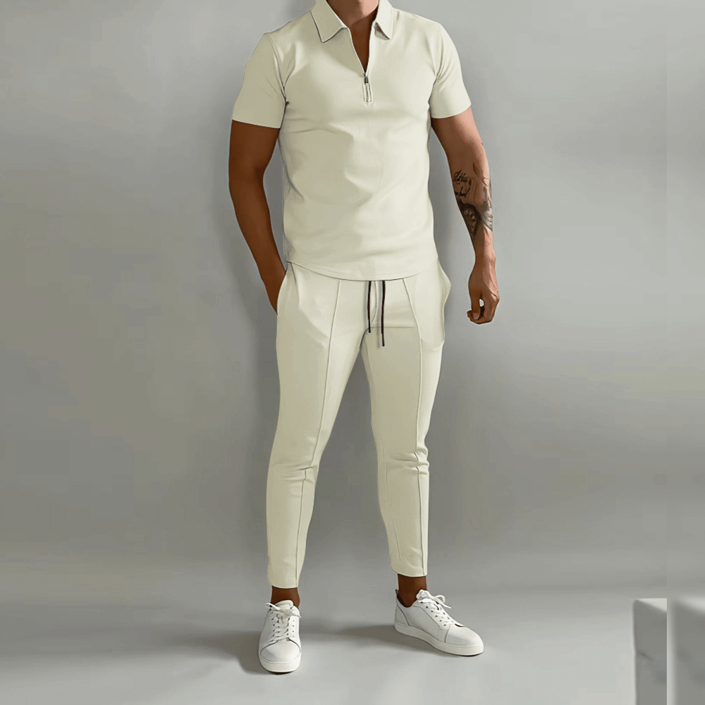 Ensemble Deux Pièces Paul Pour Homme Bleu Marine Polo Zip À Manches Courtes Pantalon Cintré