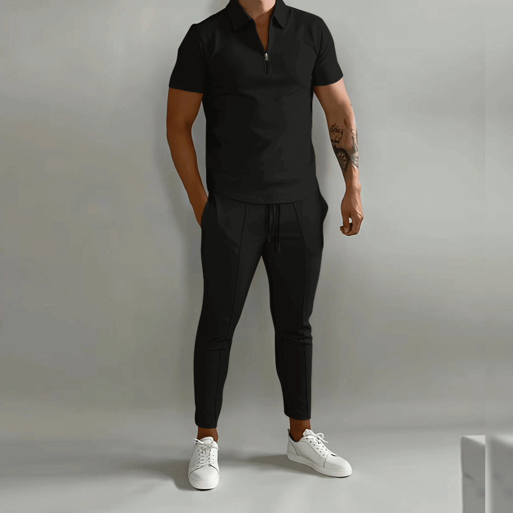 Ensemble Deux Pièces Paul Pour Homme Bleu Marine Polo Zip À Manches Courtes Pantalon Cintré
