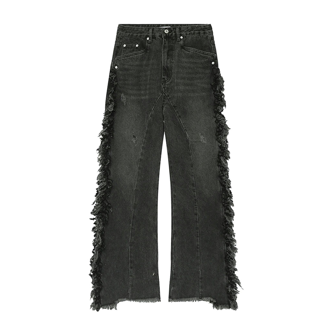Jean Délavé À Franges Avec Détails Pompons À Jambe Évasée Amawinc Coupe Décontractée Baggy Weekend Stylé