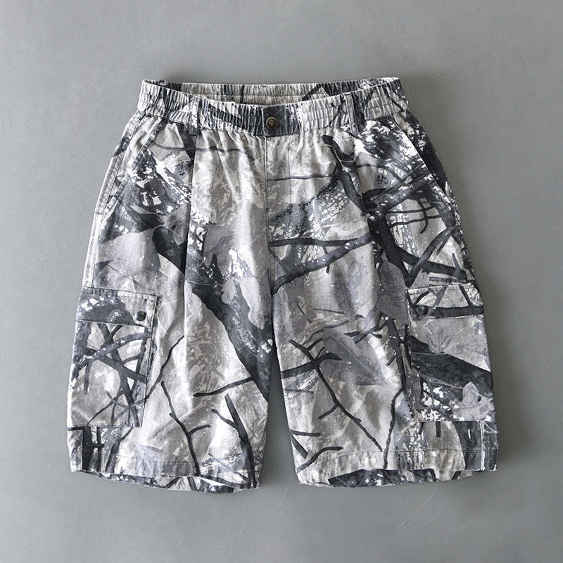District Nine Short Camouflage Distress Avec Poches Cargo Et Taille Élastique Avec Bouton