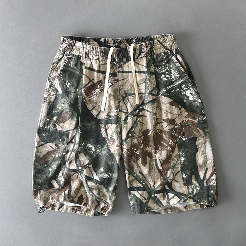 District Nine Short Camouflage Distress Avec Poches Cargo Et Taille Élastique Avec Bouton