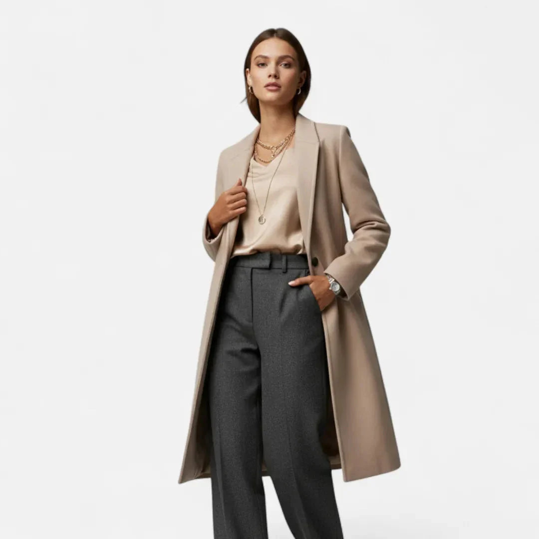 Manteau Long En Mélange De Laine Pour Femme Col À Revers Avec Bouton Unique Et Coutures Soignées