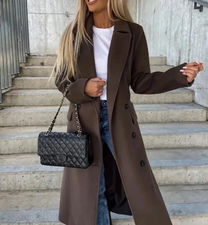 Manteau D'Hiver Pour Femmes À Double Boutonnage Élégant Et Structuré Avec Ceinture Cintrée