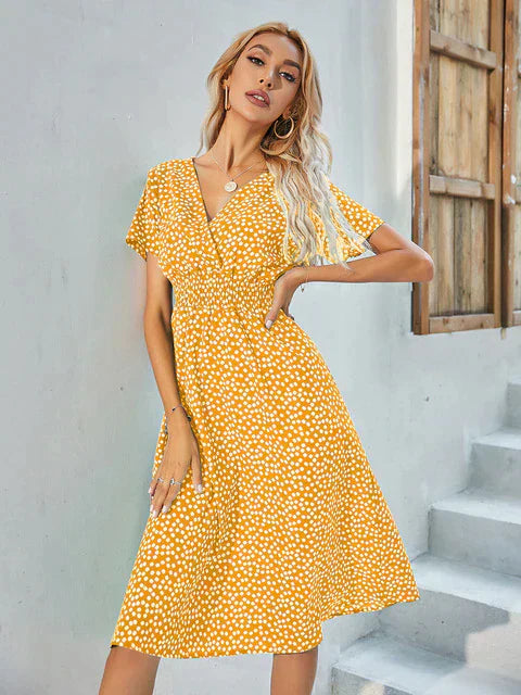 Robe Décontractée Femme A Ligne Col V Manches Courtes Légère Confortable Pour Printemps Été Amawinc