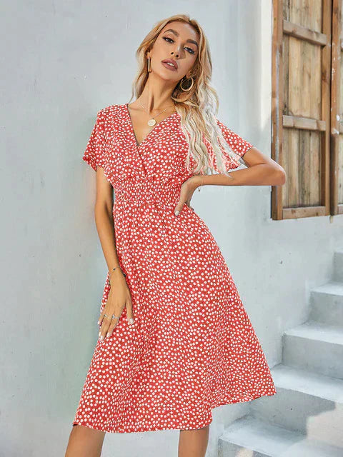 Robe Femme Coupe A Ligne Encolure V Wrap Manches Courtes À Pois Pour Été Et Fêtes